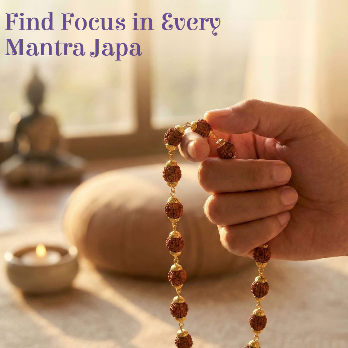 Hand holding certified 5-face Rudraksha japa mala with gold spacers