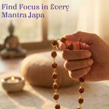 Hand holding certified 5-face Rudraksha japa mala with gold spacers