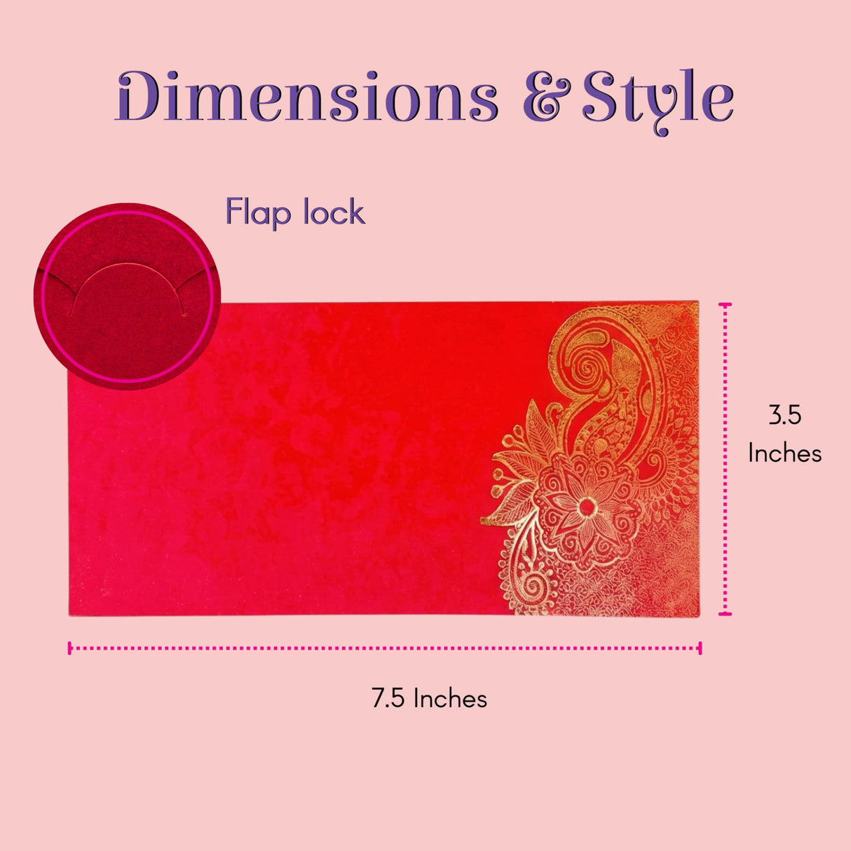 Vibrant red paisley shagun money envelope with gold embossed floral flap lock