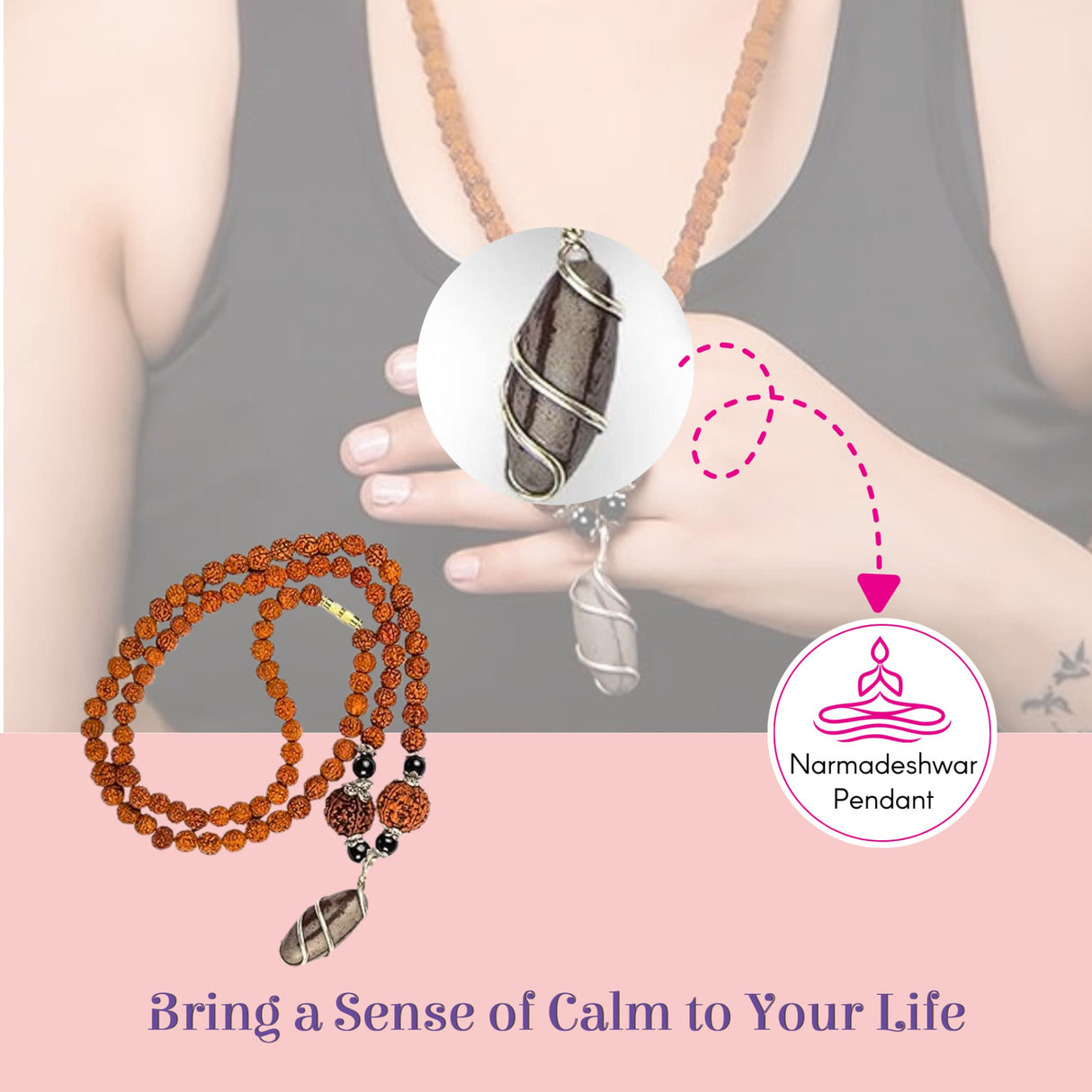 Dark 5 Mukhi Rudraksha Mala with Narmadeshwar Shivling Pendant Necklace