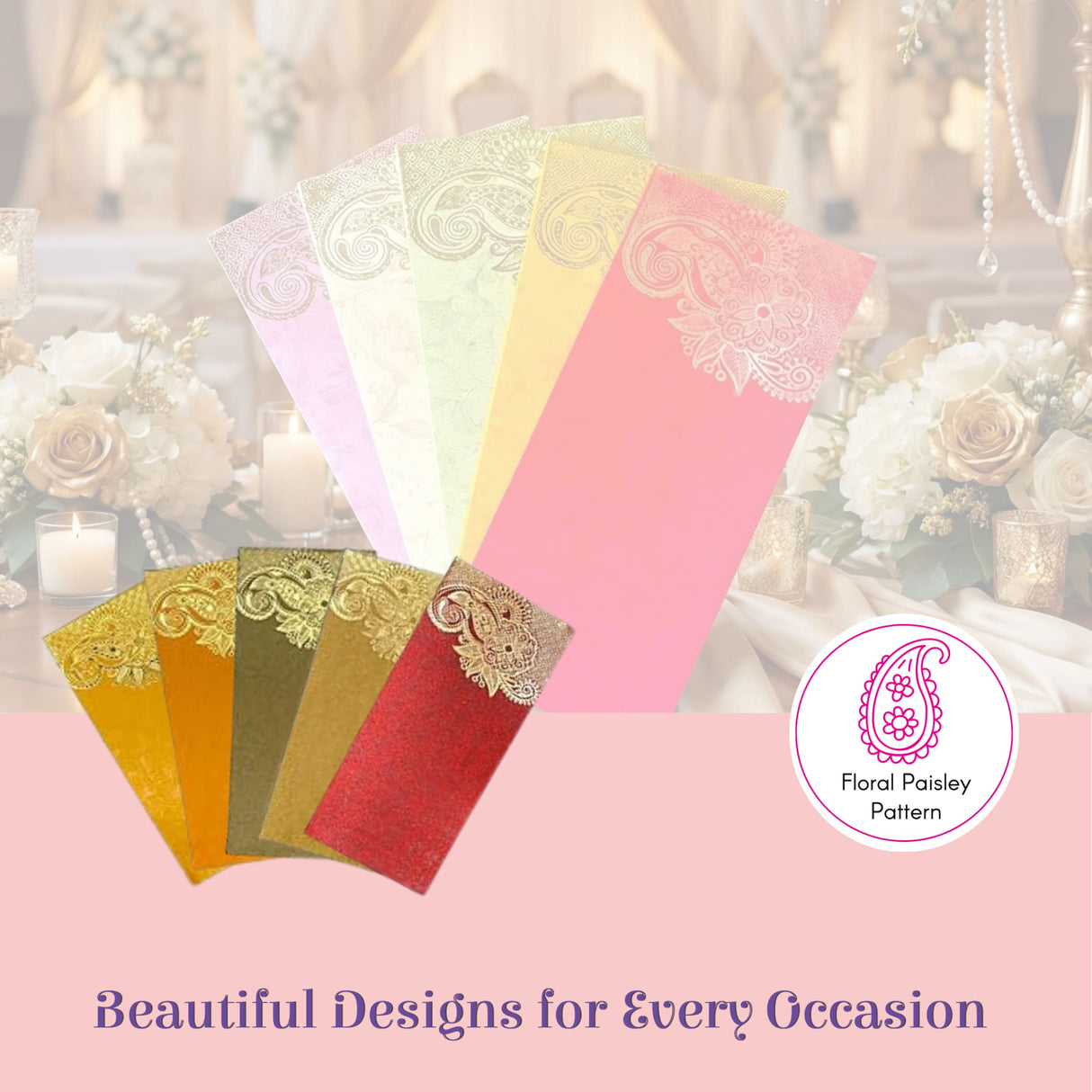 Assorted paisley money envelopes in pastel vibrant hues for weddings Diwali
