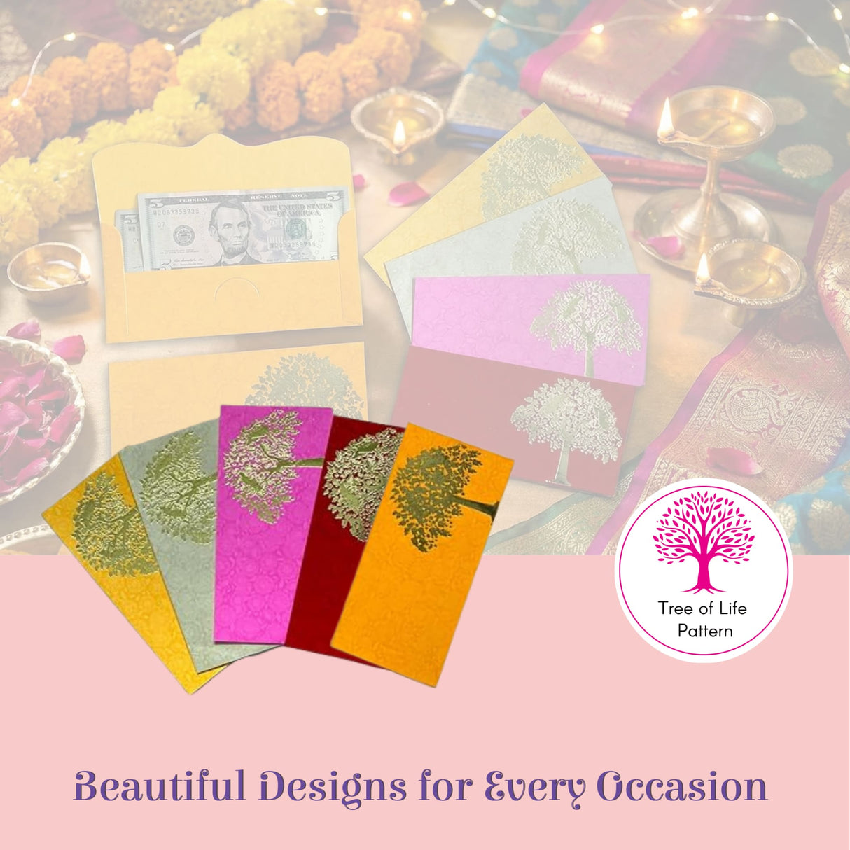 Colorful textured Tree Shagun Envelopes with gold silver metallic tree design