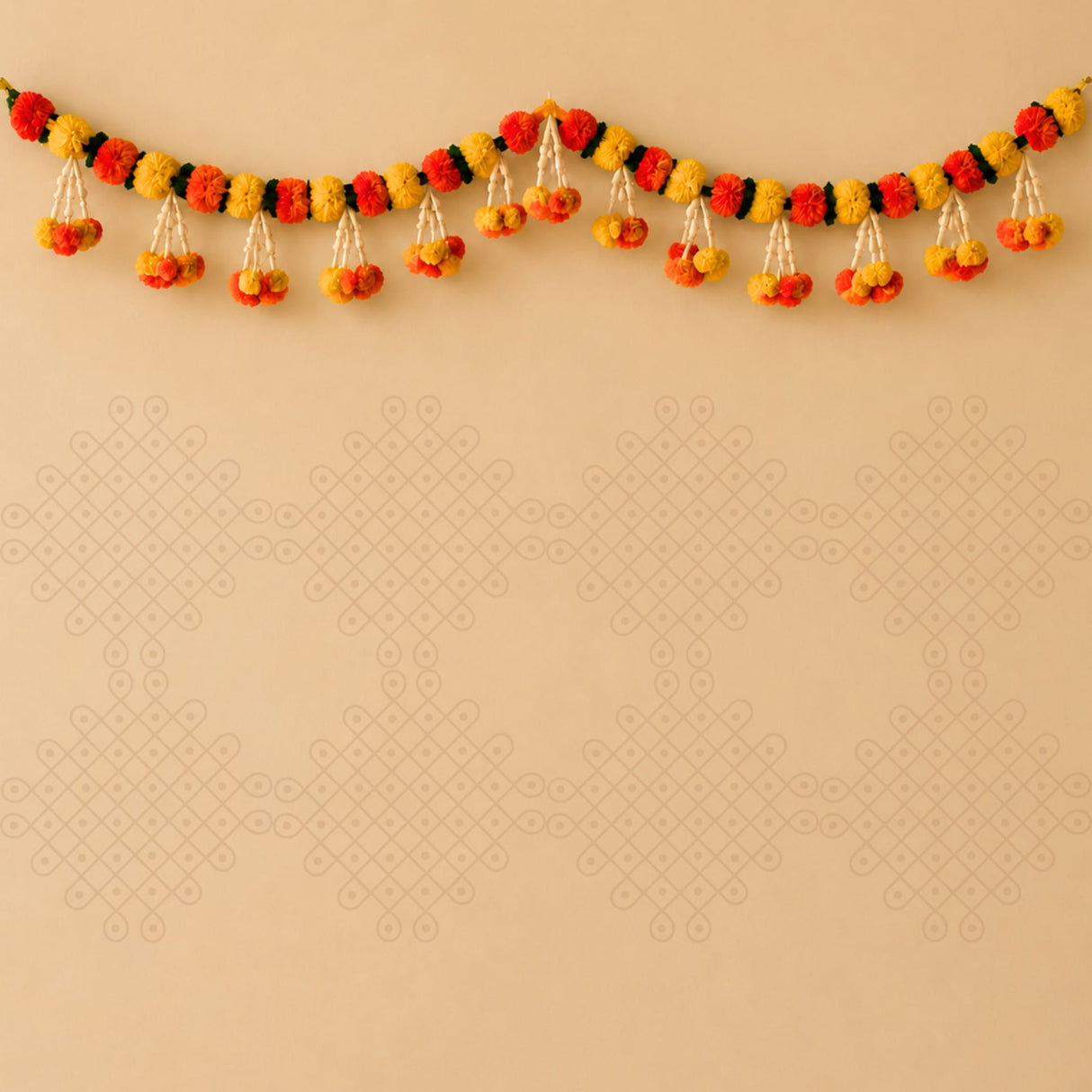 A 5 feet handcrafted marigold jasmine yellow orange door toran hanging valance with vibrant red yellow and black pom-poms