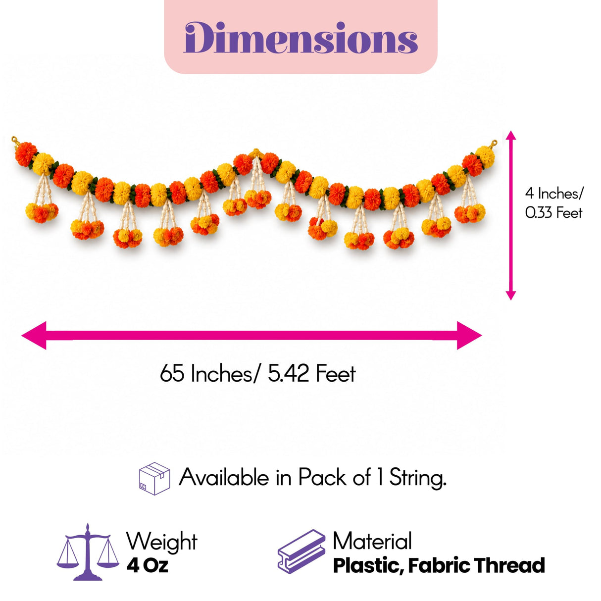 A vibrant orange and yellow plastic and fabric marigold jasmine garland 65 inches long for puja and festival decor