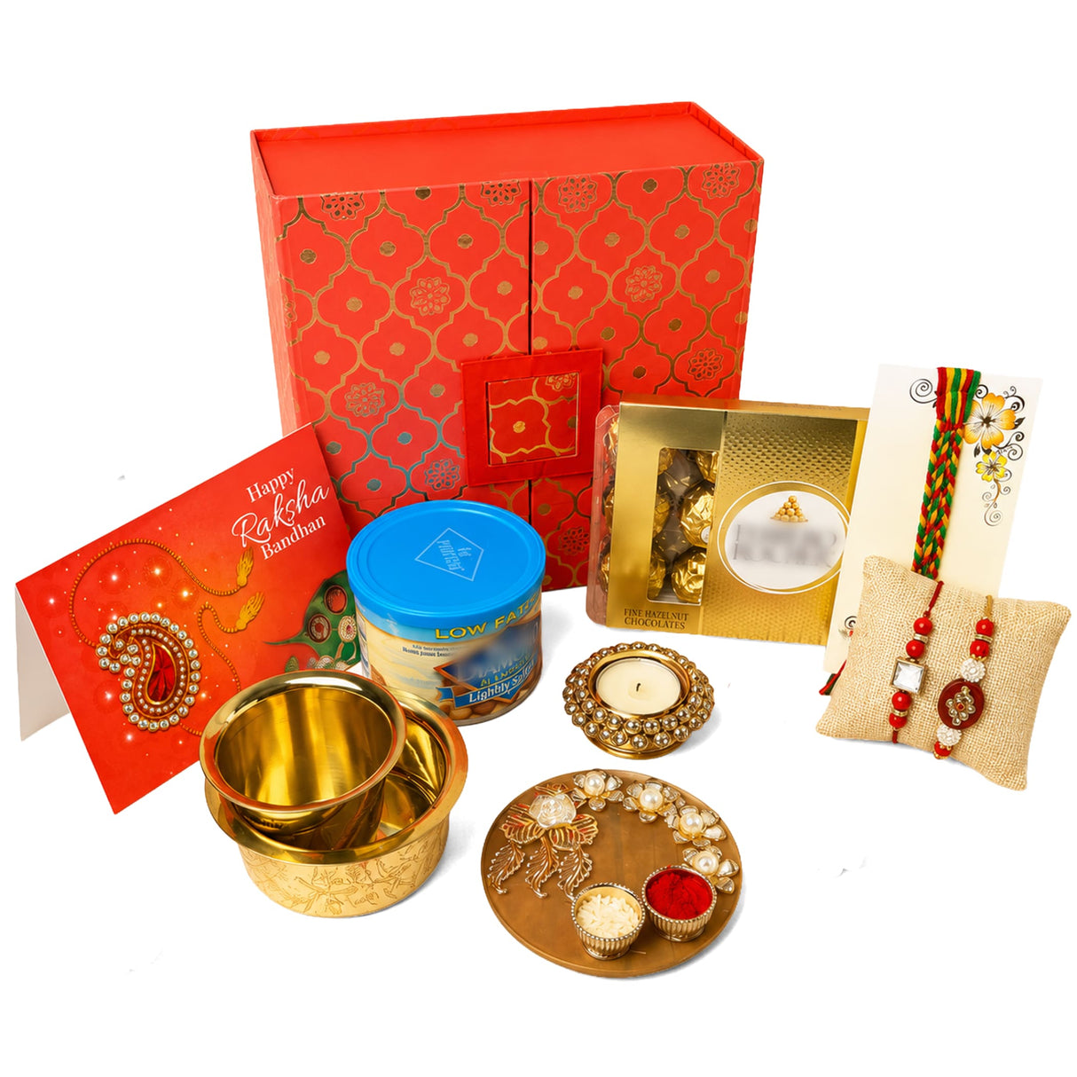 Raksha bandhan gift hamper set featuring a red and gold patterned traditional gift box for brother and bhabhi
