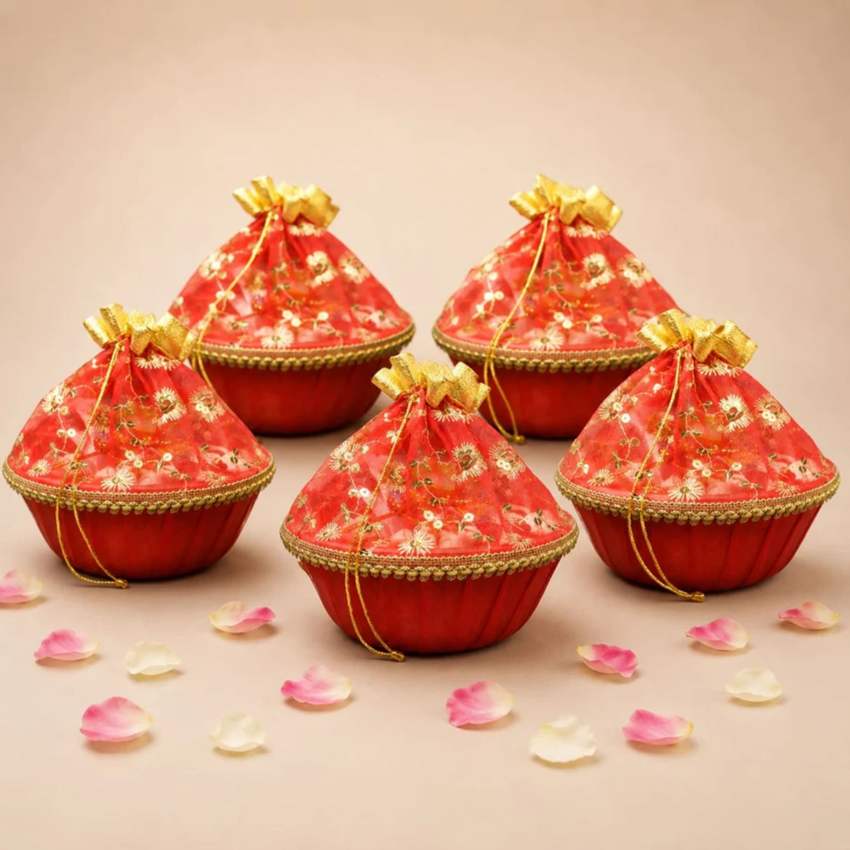 Red embroidered gift pouches with gold trim and drawstrings included in 5ct 6inch handmade decorated gift basket set