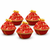 5ct handmade red embroidered gift bags with gold floral patterns and drawstrings for Indian wedding return gifts