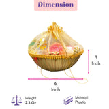 Gold-colored plastic 6 inch handmade gift basket with sheer golden mesh top and floral embroidery for Indian celebrations