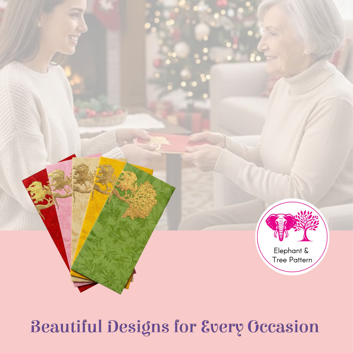 Colorful gold-embossed Shagun Maharaja envelopes with elephant tree patterns