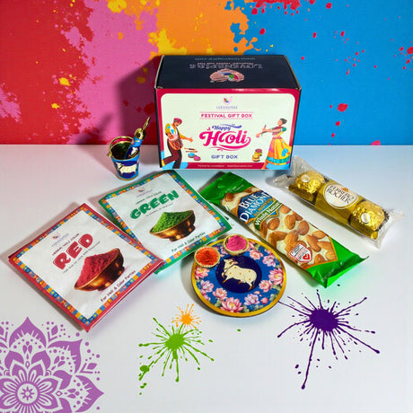 Holi gift box with colorful Happy Holi design, gulal, chocolates, almonds by Loxnsole