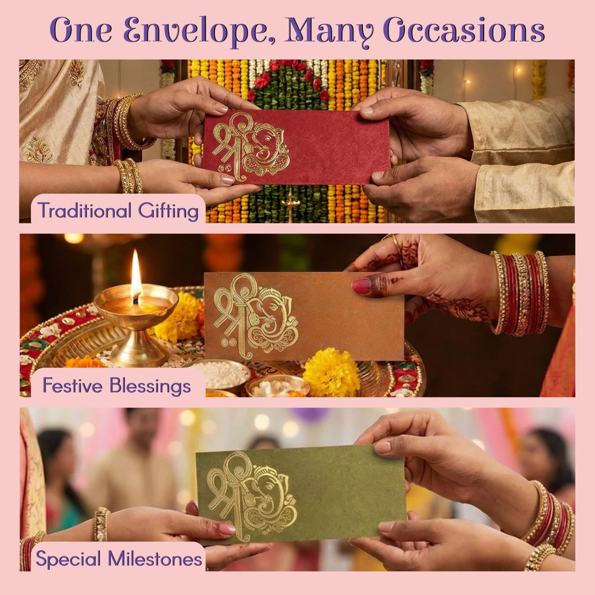 Red gold-embossed Ganesha shagun money envelope with intricate design