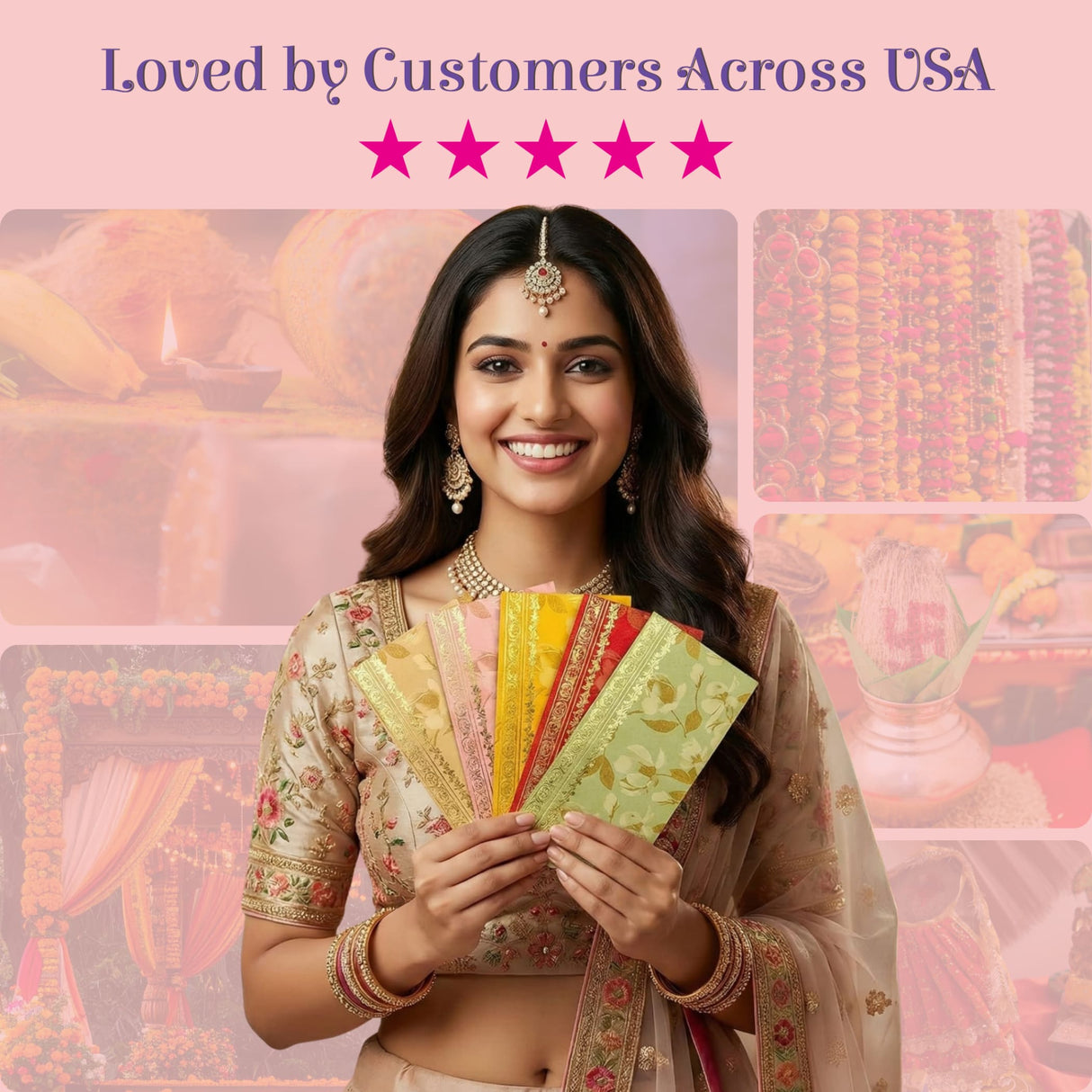 Woman in Indian outfit holds colorful gold foil shagun money envelopes