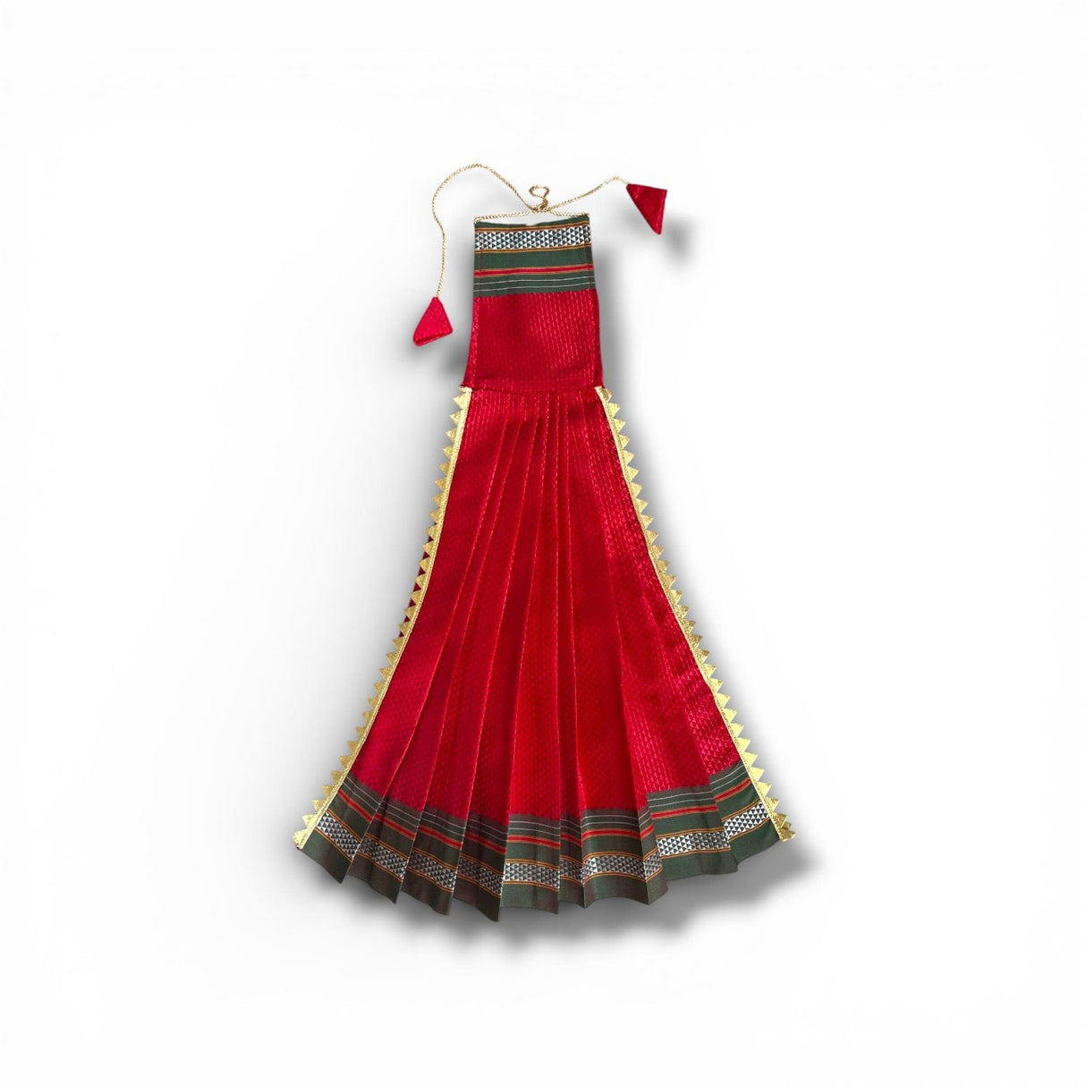 Vibrant red velvet lehenga with gold green embroidery for Gudi Padwa decoration