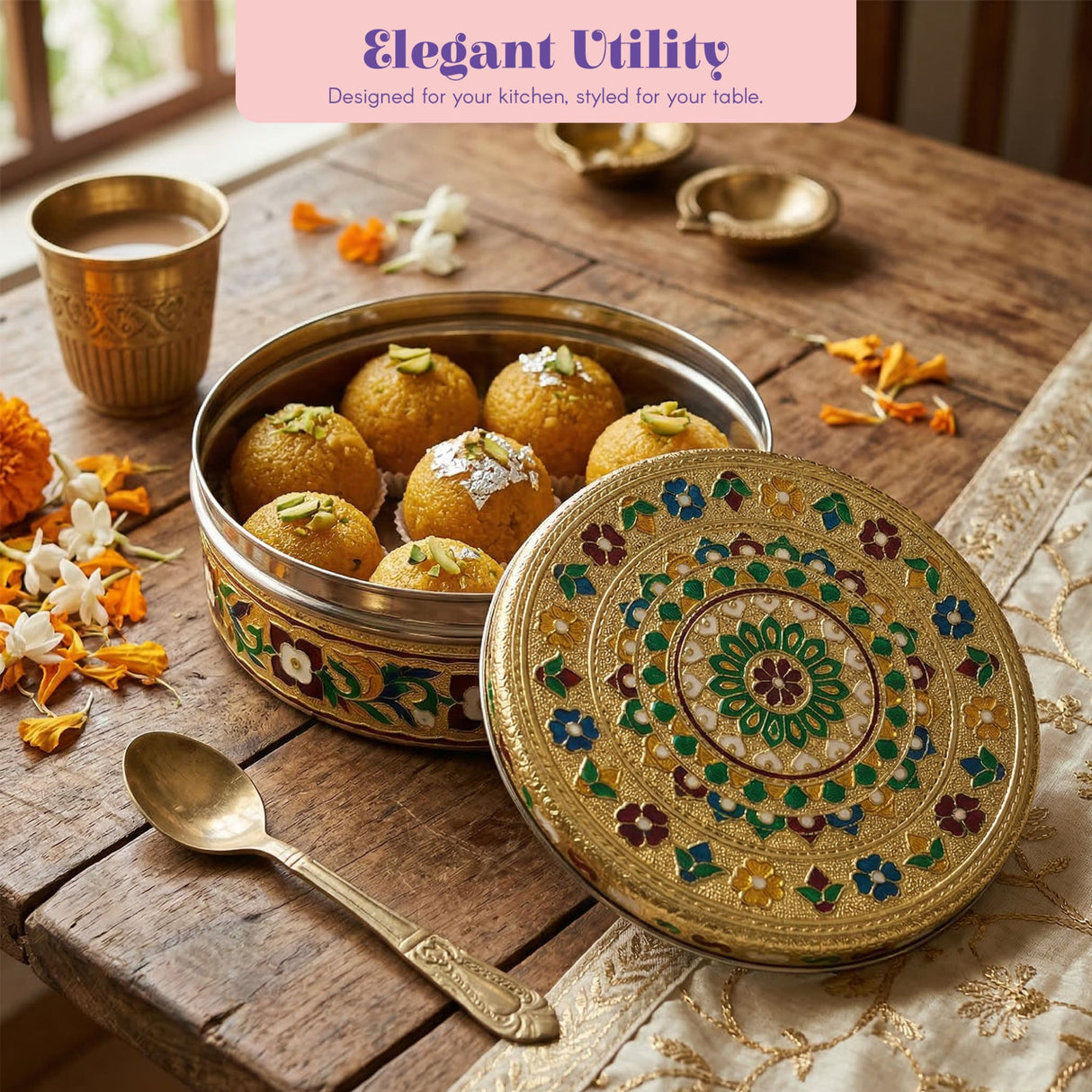 Golden hand-painted Meenakari laddu tin with floral mandala design