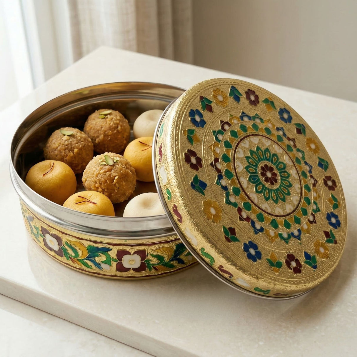 Golden Meenakari enamel tin box with floral patterns, 7.5 inches roti papad storage