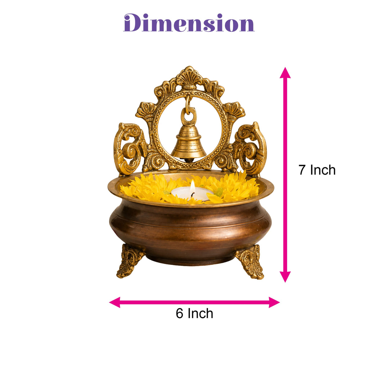 Golden brass decorative oil lamp with ornate carvings hanging bell and yellow petals around lit candle for diwali decor