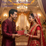 Bride holding ornate gold embossed red Paisley Shagun wedding invitation envelope