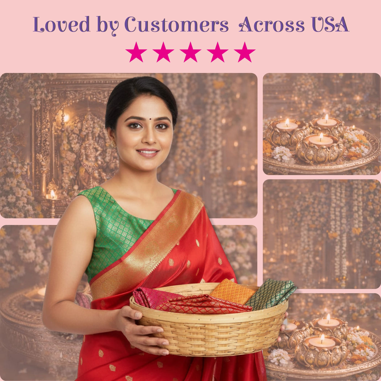 Woven bamboo basket with colorful multi-color saree blouse brocade fabrics