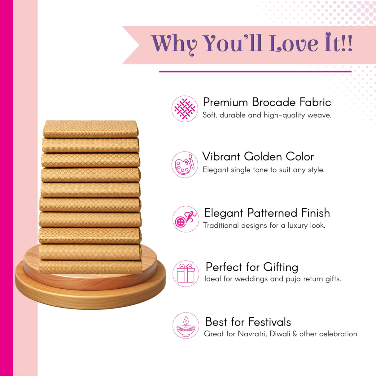 Stack of golden woven brocade fabric rolls on wooden base