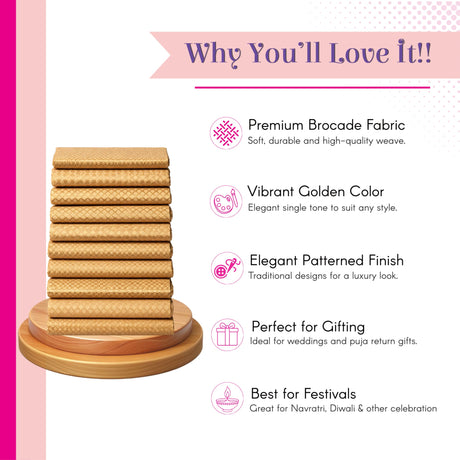 Stack of golden woven brocade fabric rolls on wooden base