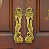 Golden brass peacock door handles, 7 inch pair with intricate feather details