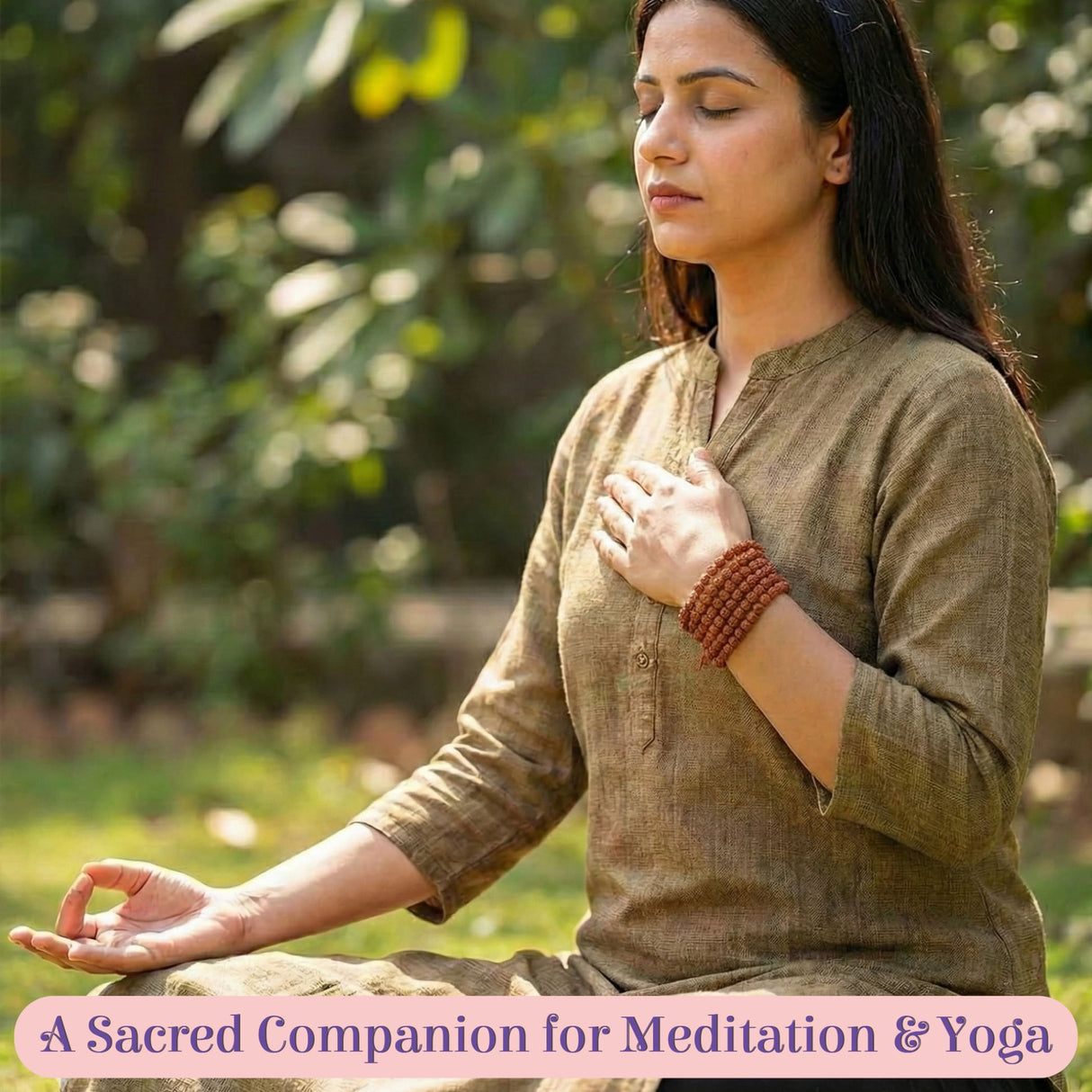 Warm terracotta Rudraksha bracelet on woman’s wrist