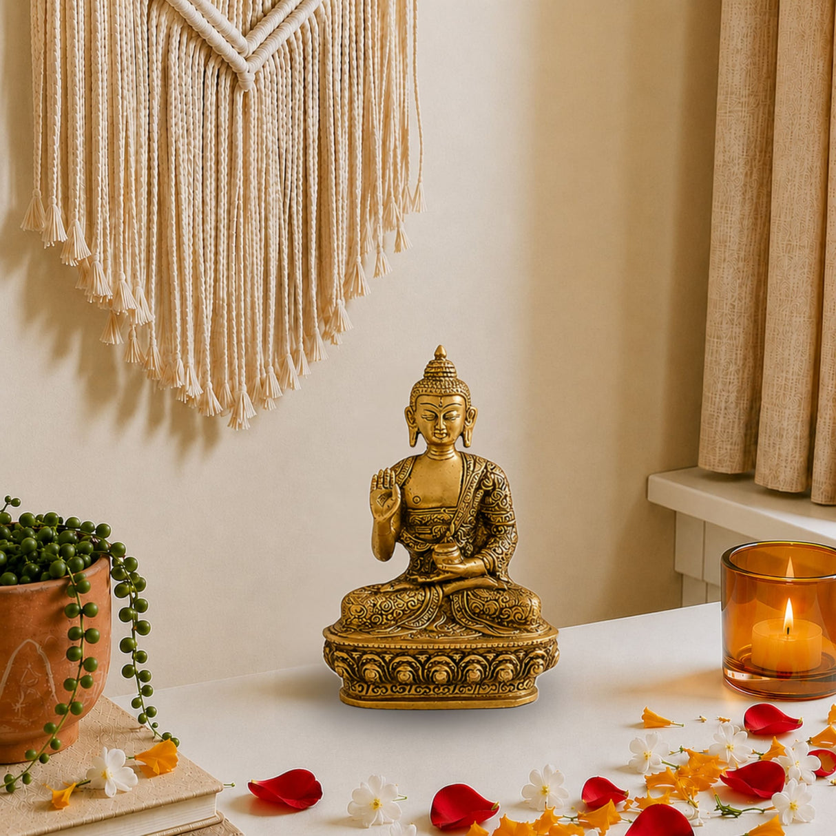 Golden brass buddha statue with intricate engraved patterns in a serene seated pose for spiritual meditation decor