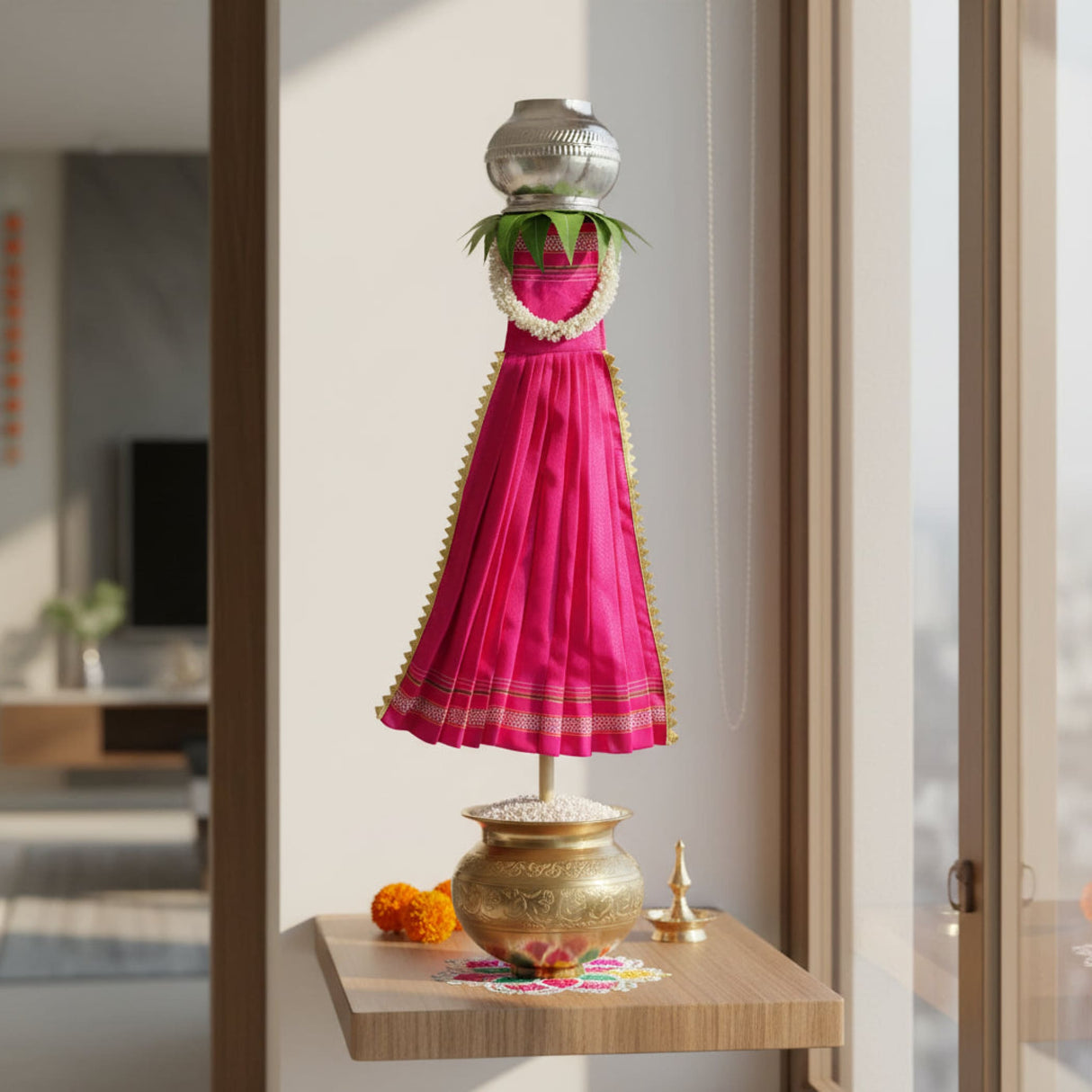 Vibrant pink readymade Gudi Vastra with gold trim, leaves, garlands for Gudi Padwa