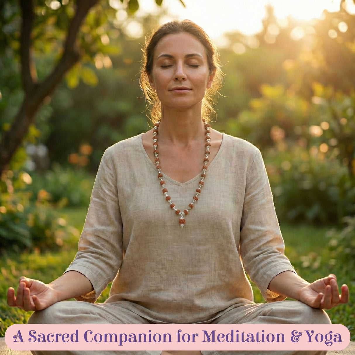 Certified 5-face Rudraksha mala necklace with reddish-brown and cream beads