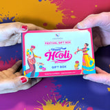 Handmade Holi gift box with dancers, drums, gulal, pichkari, keychains