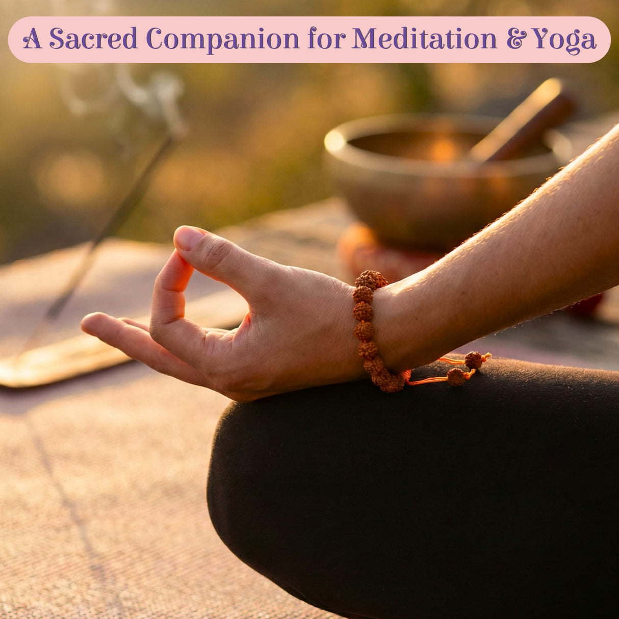 5 Mukhi Rudraksha bracelet on hand in meditative pose, 8.5mm Nepali beads