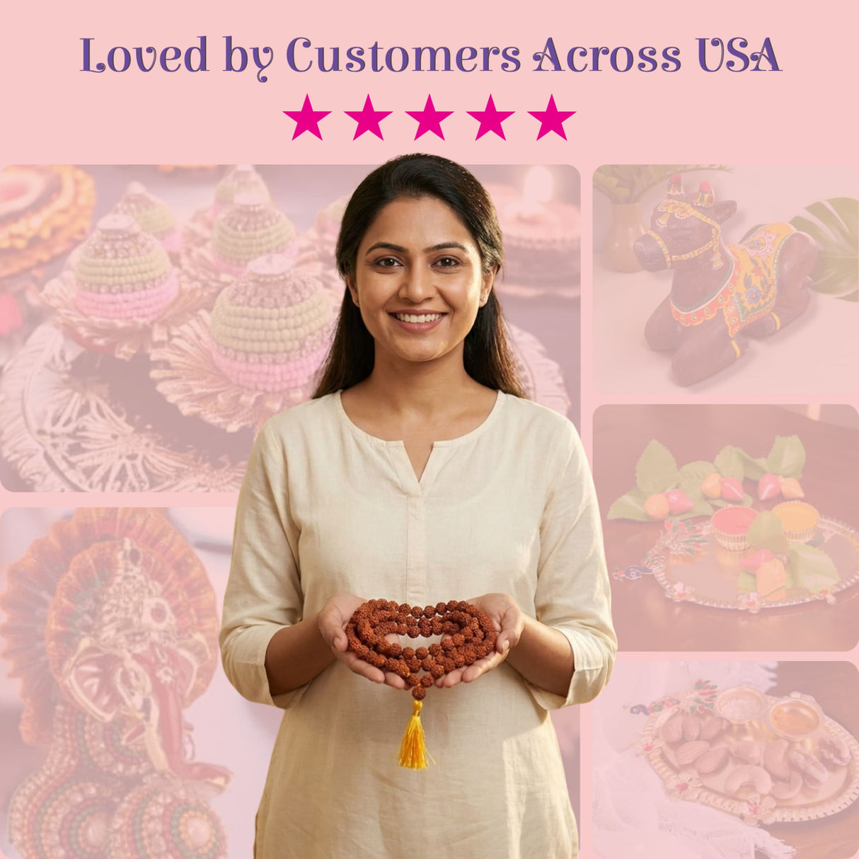 Warm reddish-brown 5-face Panchmukhi Rudraksha Mala with yellow tassel, 108+1 beads