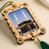 Islamic car hanging ornament with Kaaba photo, floral engraving, green gems