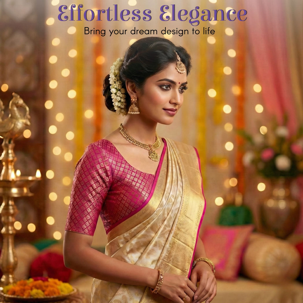 Woman in shimmering gold saree with magenta border and golden jewelry