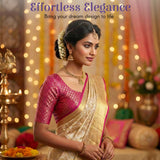 Woman in shimmering gold saree with magenta border and golden jewelry