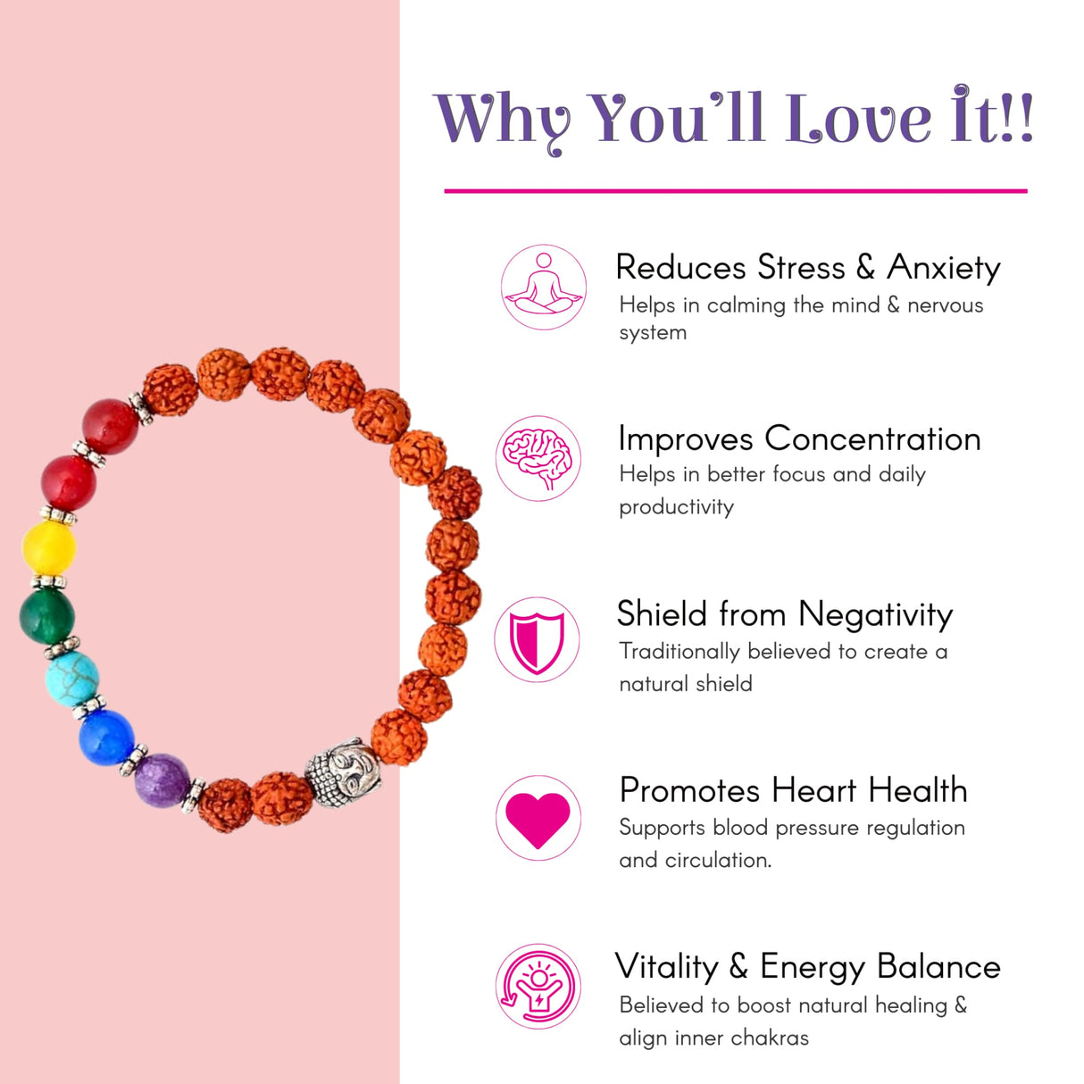 LOVENSPIRE 7 chakra rudraksha bracelet with orange beads, rainbow gems, Buddha charm