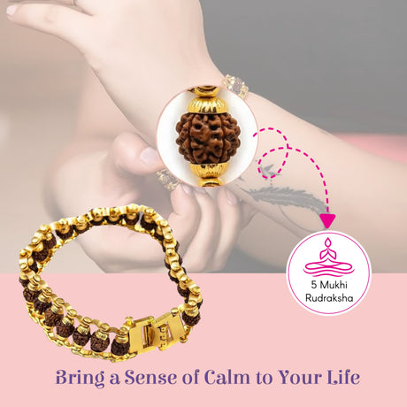 Gold-plated 5-mukhi Rudraksha bracelet for men with ornate caps
