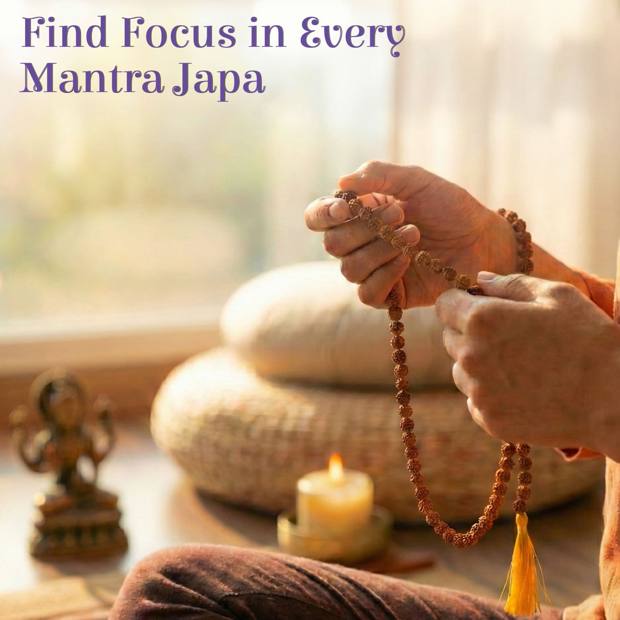 Brown textured 5-face Rudraksha prayer mala with yellow tassel, 108+1 beads