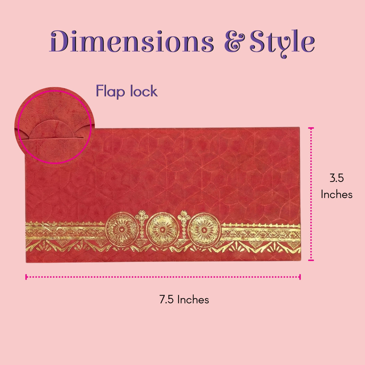 Red textured shagun envelope with gold ornate border and flap lock