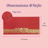 Red textured shagun envelope with gold ornate border and flap lock