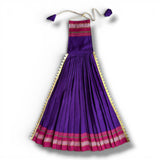 Vibrant purple pleated Gudi Vastra dress with gold hem, pink border, tassel neckline