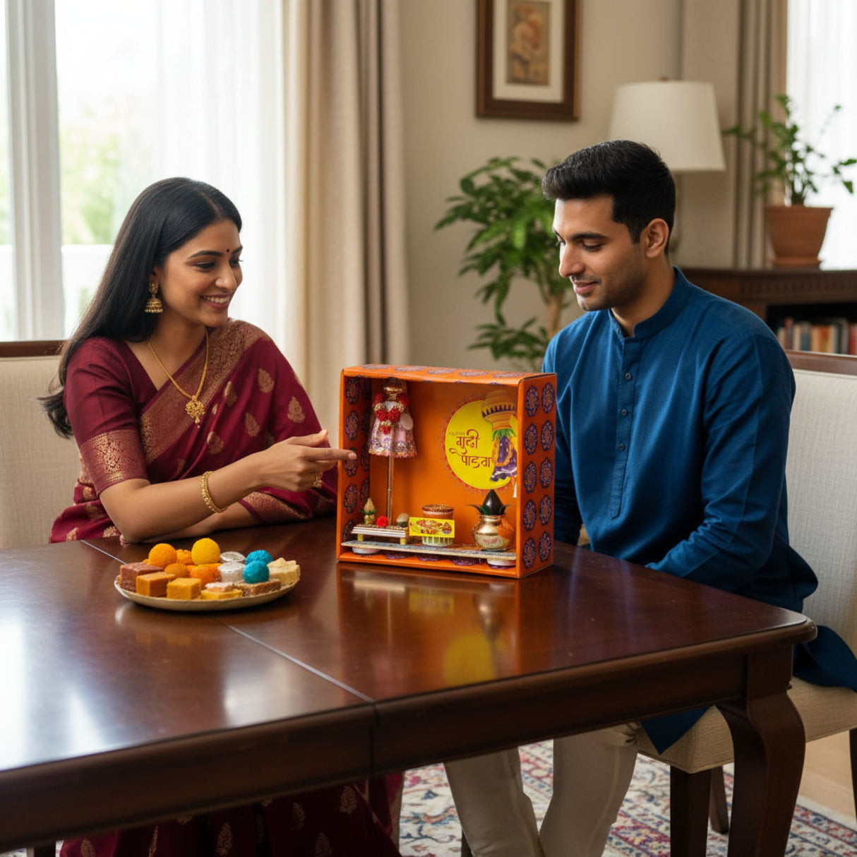 Orange Gudi Padwa decoration box with diya, figurine, gathi mala, kalash