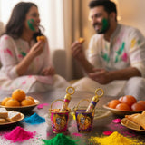 Gold-rimmed Radha Krishna Holi Balti Pichkari miniature buckets