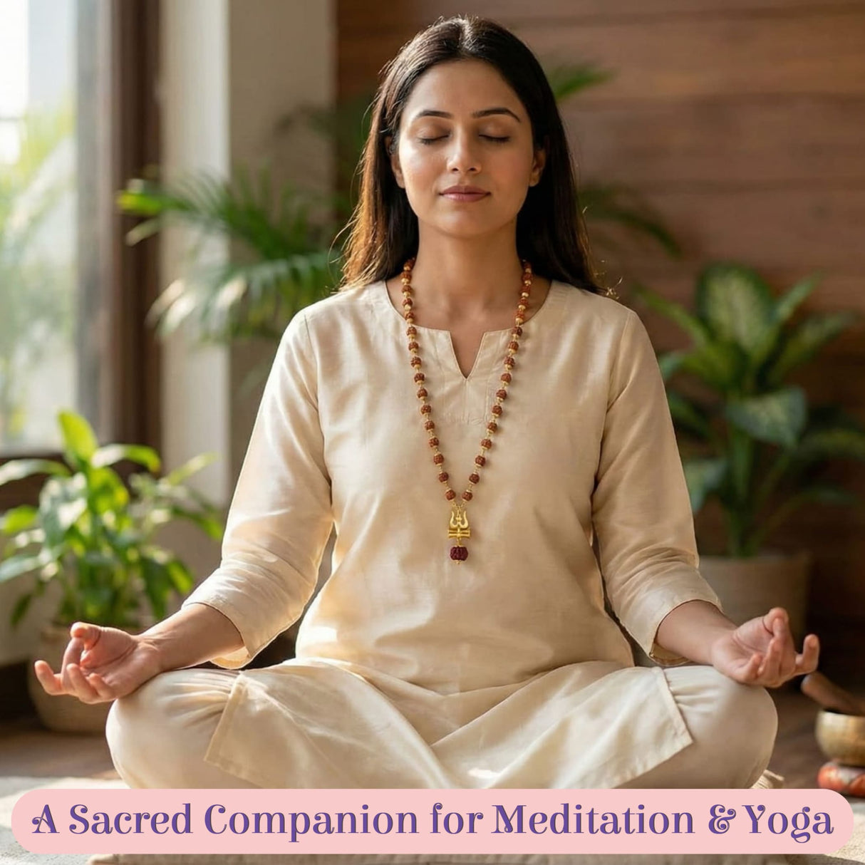 Woman wearing certified 5-face Rudraksha mala with gold pendant in yoga pose