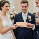 Gold-embossed wedding money envelope with floral pattern and ornate trim