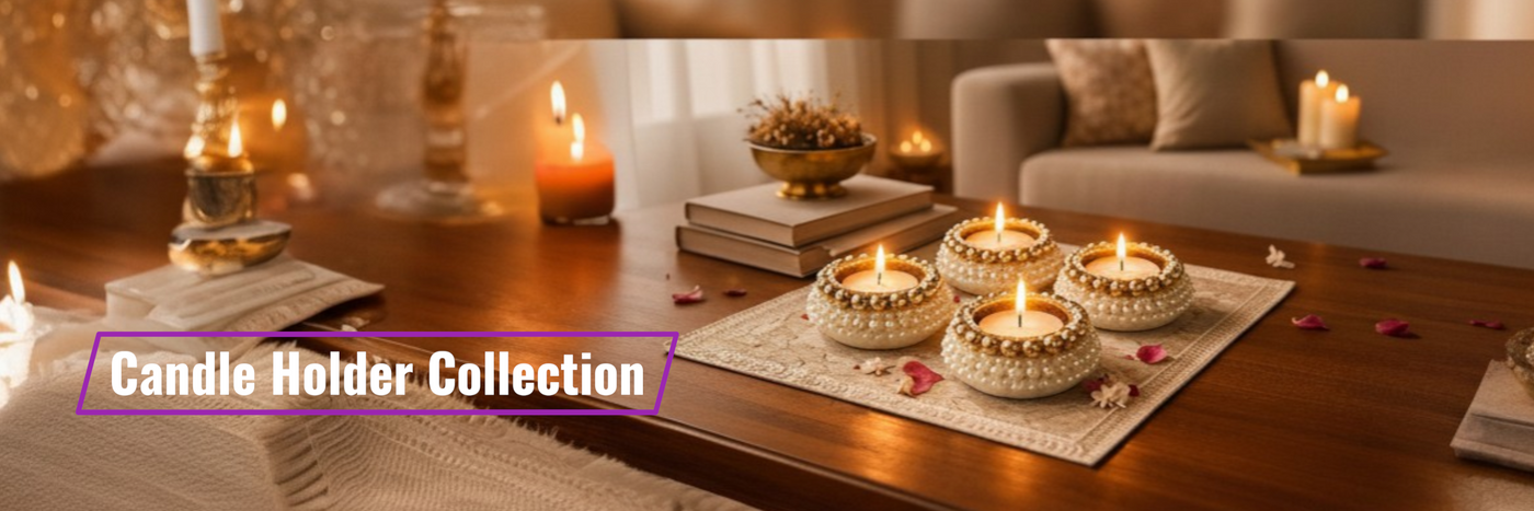 Candle holder collection on a wooden table with a cozy living room background.