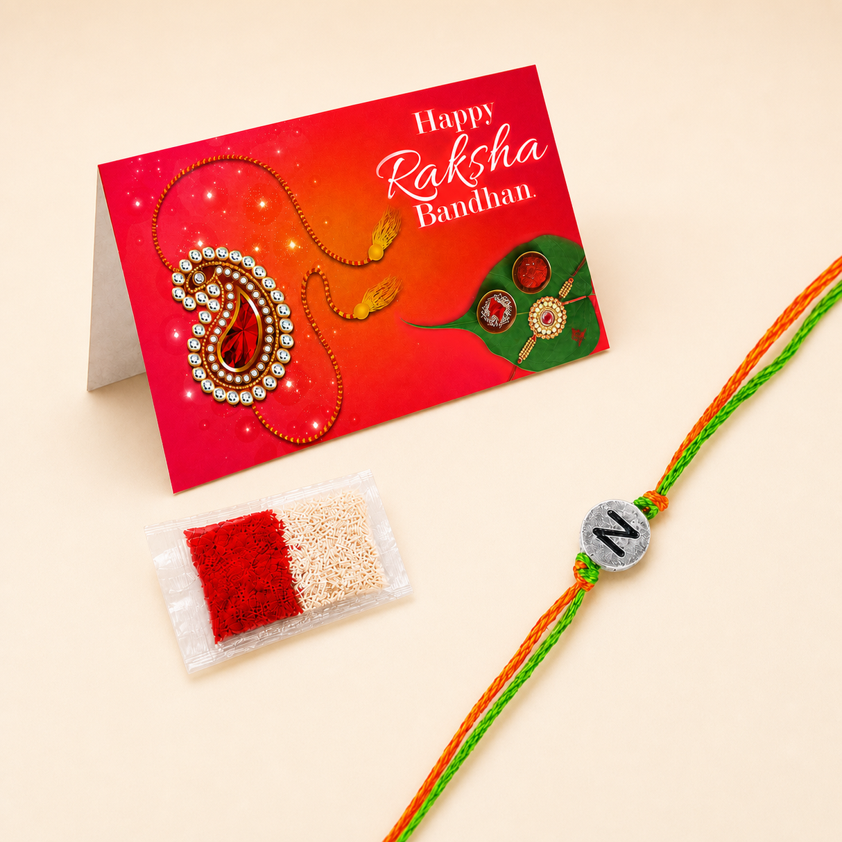 Designer Custom Single Letter Rakhi for Brother and Bhabhi – Traditional Handmade Raksha Bandhan Bracelet for Protection & Good Luck Jewelry Gift