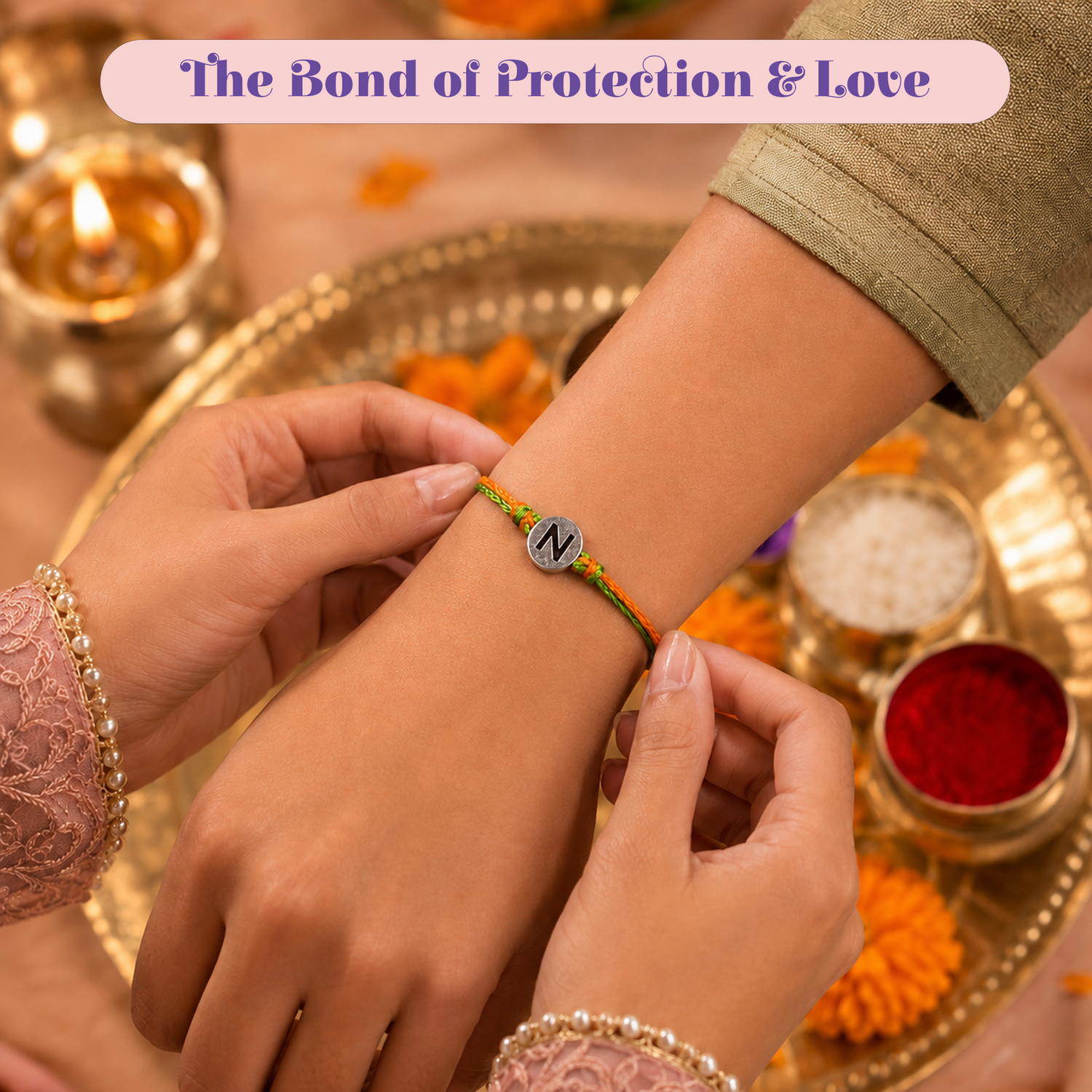 Designer Custom Single Letter Rakhi for Brother and Bhabhi – Traditional Handmade Raksha Bandhan Bracelet for Protection & Good Luck Jewelry Gift