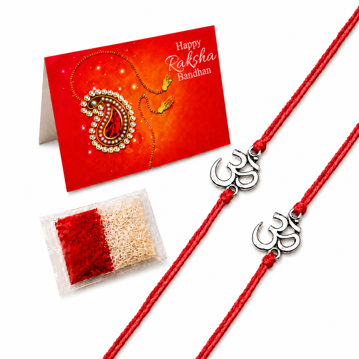 Designer Om Rakhi for Brother & Bhabhi (2 Pcs) – Traditional Handmade Raksha Bandhan Bracelet with Roli Chawal & Greeting Card, Symbol of Protection & good Luck
