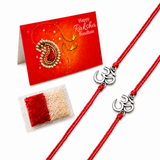 Designer Om Rakhi for Brother & Bhabhi (2 Pcs) – Traditional Handmade Raksha Bandhan Bracelet with Roli Chawal & Greeting Card, Symbol of Protection & good Luck